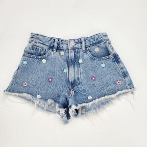 Pacsun High Rise Festival Blue Jeans Shorts Floral Embroidered Denim Size 23